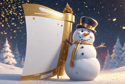 The primary subject of the image is a snowman, which is standing in front of a sheet of gold paper. The setting is a snowy environment, and the visual style appears to be a digital art or illustration. The colors and mood of the image are predominantly white and gold, giving it a warm and festive atmosphere.